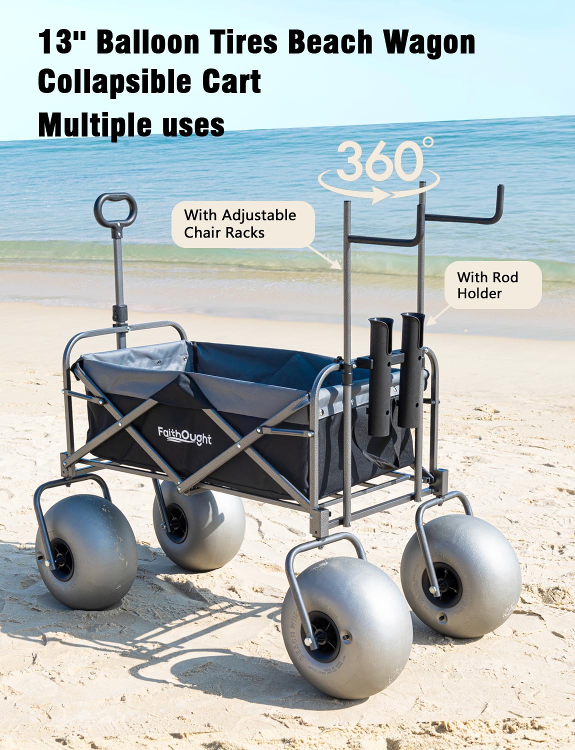 13" Balloon Bubble Wheel Beach Cart Collapsible Wagon with Big Fat All Terrain Inflatable Air Tire, Large Outdoor Wagon & Fishing Cart with Balloon Tire, Dolly with Big Wheels for Sand Camping (Blue)