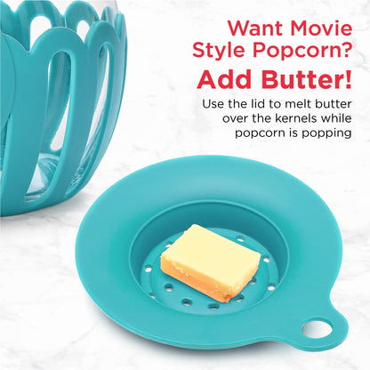 Ecolution Patented Micro-Pop Microwave Popcorn Popper with Temperature Safe Glass, 3-in-1 Lid Measures Kernels and Melts Butter, Made Without BPA, Dishwasher Safe, 3-Quart, Aqua