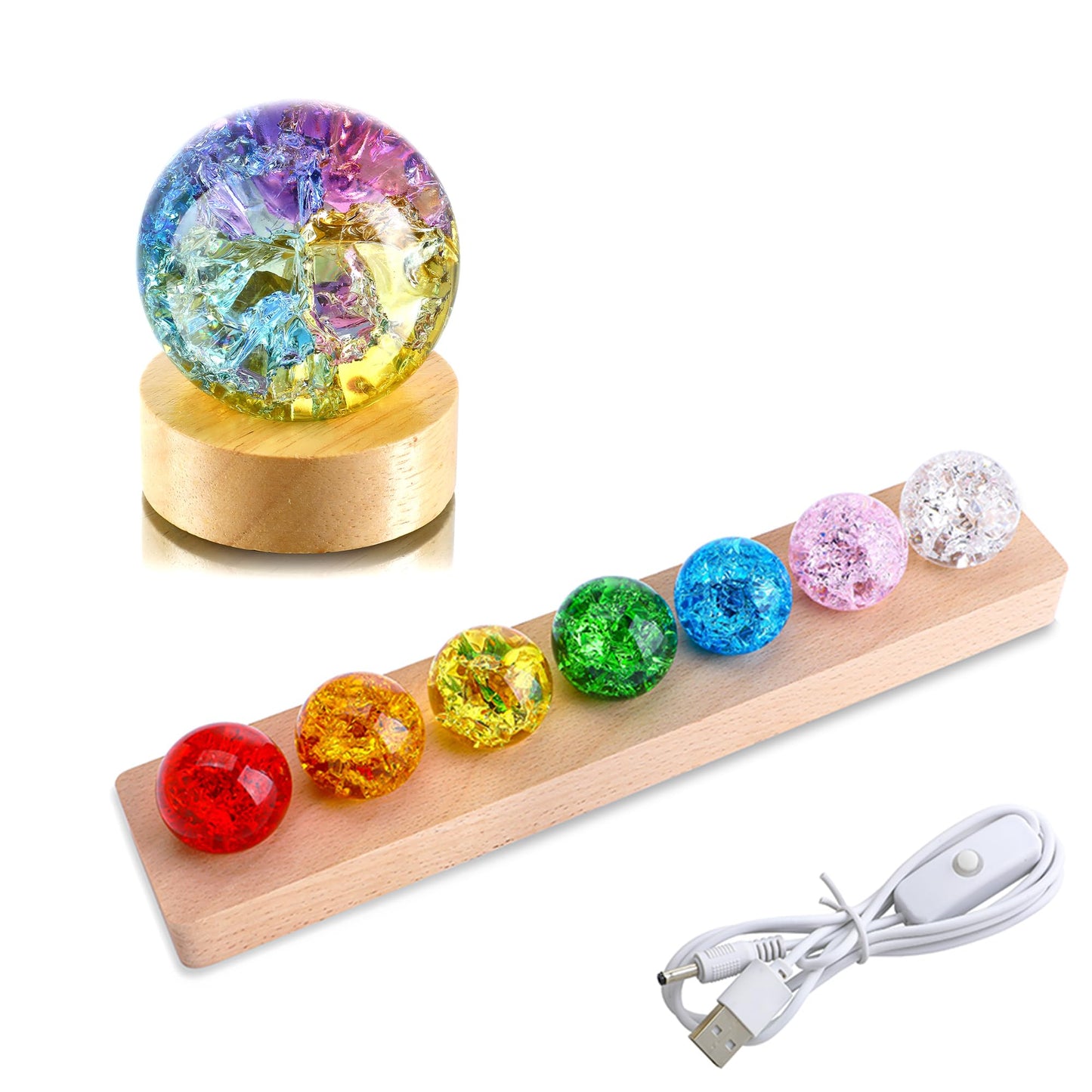 LOULIQIGIFT 60mm Colorful Ice Cracked Crystal Balls with Wooden Light Base and 7 Colors Ice Cracked Balls with LED Wooden Base 40mm Healing Sphere Balls Set