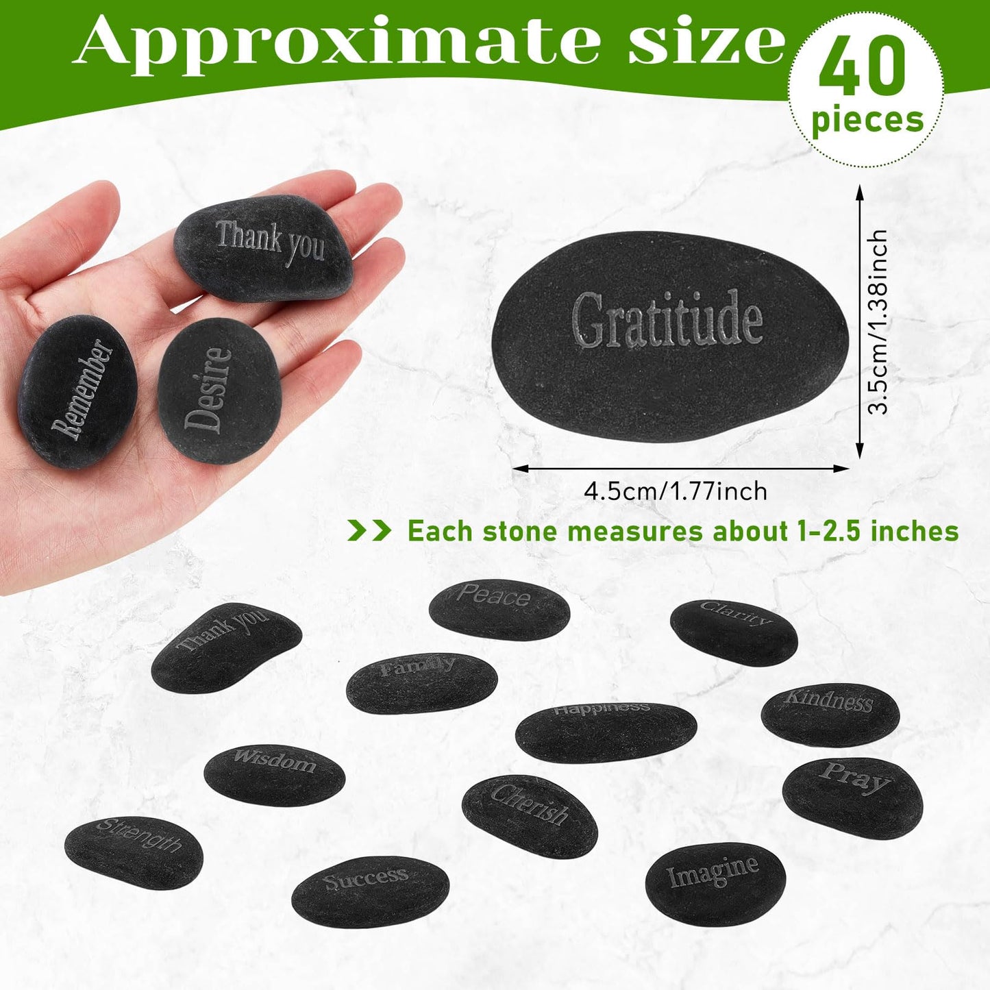 Fabbay 40 Pcs Engraved Inspirational Rocks, Encouragement Worry Stones with Words, Natural River Stone Bulk Set for Garden Decor, Meditation, Positive Gifts & Easter Decorations(Black)