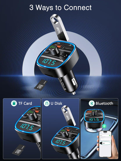 ORIA Bluetooth 5.3 FM Transmitter for Car, Bluetooth Car Music Wireless Radio Adapter, Universal Car Charger with Dual USB Charging, Support TF Card & USB Disk (USB-C Converter Included)