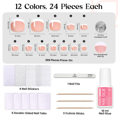 Beetles Press on Nails Kit 720Pcs 24 Colors, Press on Nails Short Almond Glossy Matte Glitter With Nail Glue & Nail Tabs Stickers, Natural Fit Lightweight Fake Nails Kit Art For Women Girls