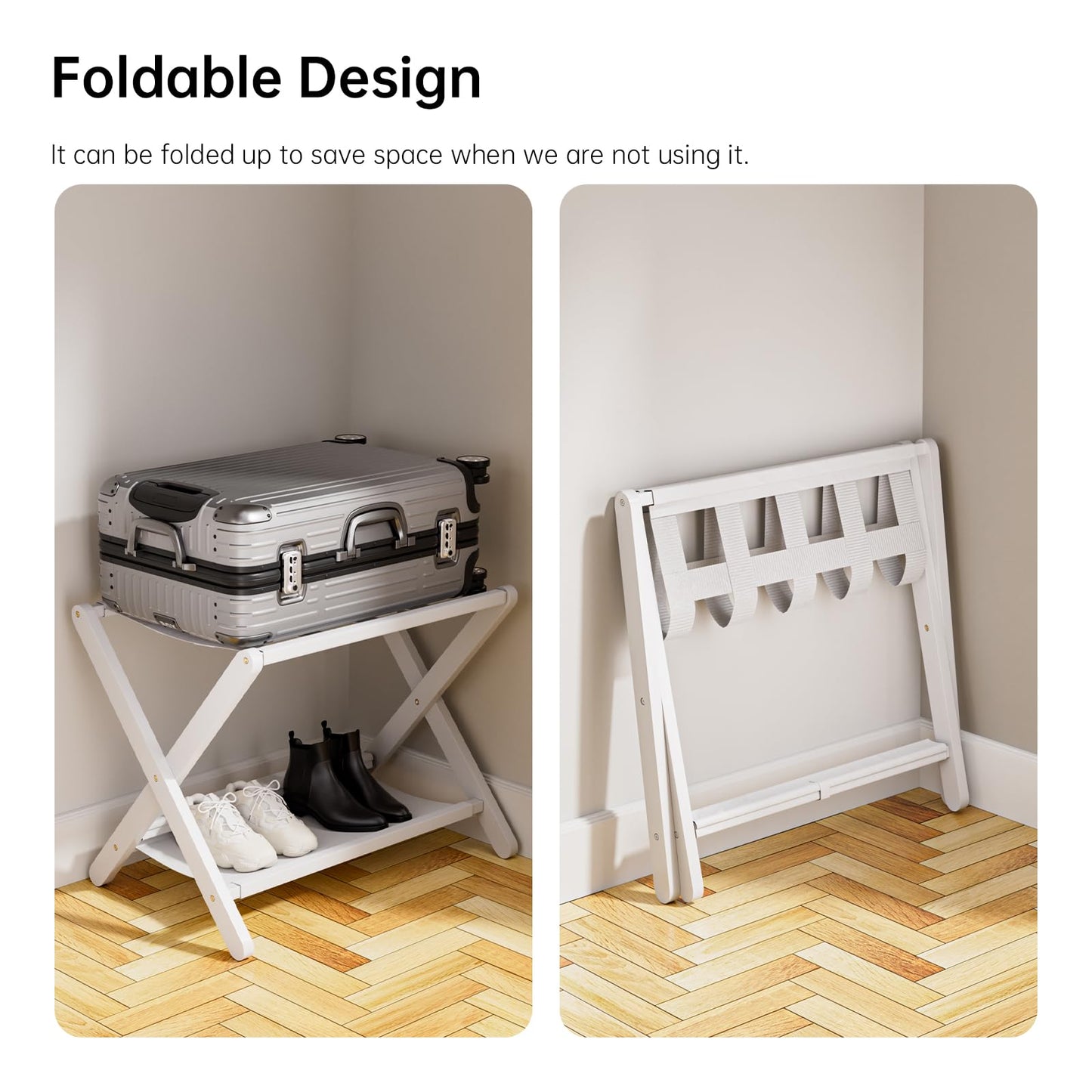 HITNET Bathroom Wall Cabinet Foldable Luggage Rack and Bamboo Storage Cabinet Freestanding, Over Toilet Hanging Cabinet with Adjustable Shelf, Sofa Side Table Storage Organizer with 4 Hooks, White