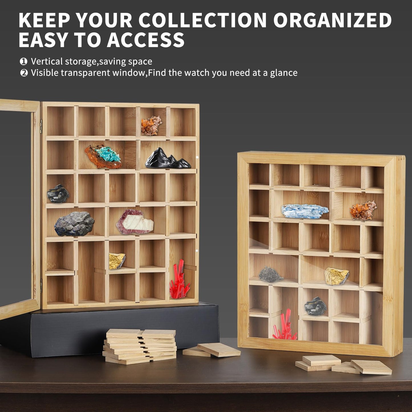 AUTOARK Adjustable Rock Display Case,Bamboo Crystal Organizer for Stones Storage,Suitable for Displaying and Storing Various,AHK-054