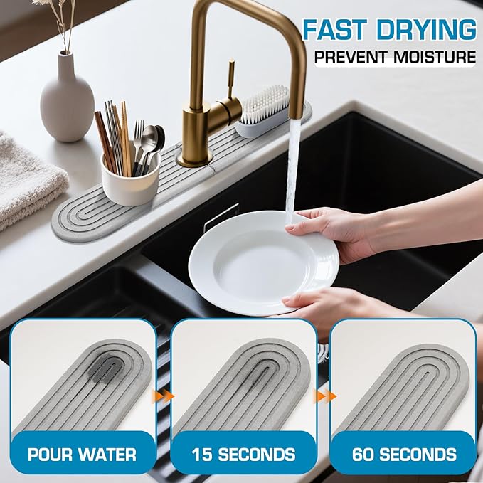 Light Gray-Oval 15.7"Diatomite Kitchen Faucet Mat Stone Sink Tray-Quick Drying