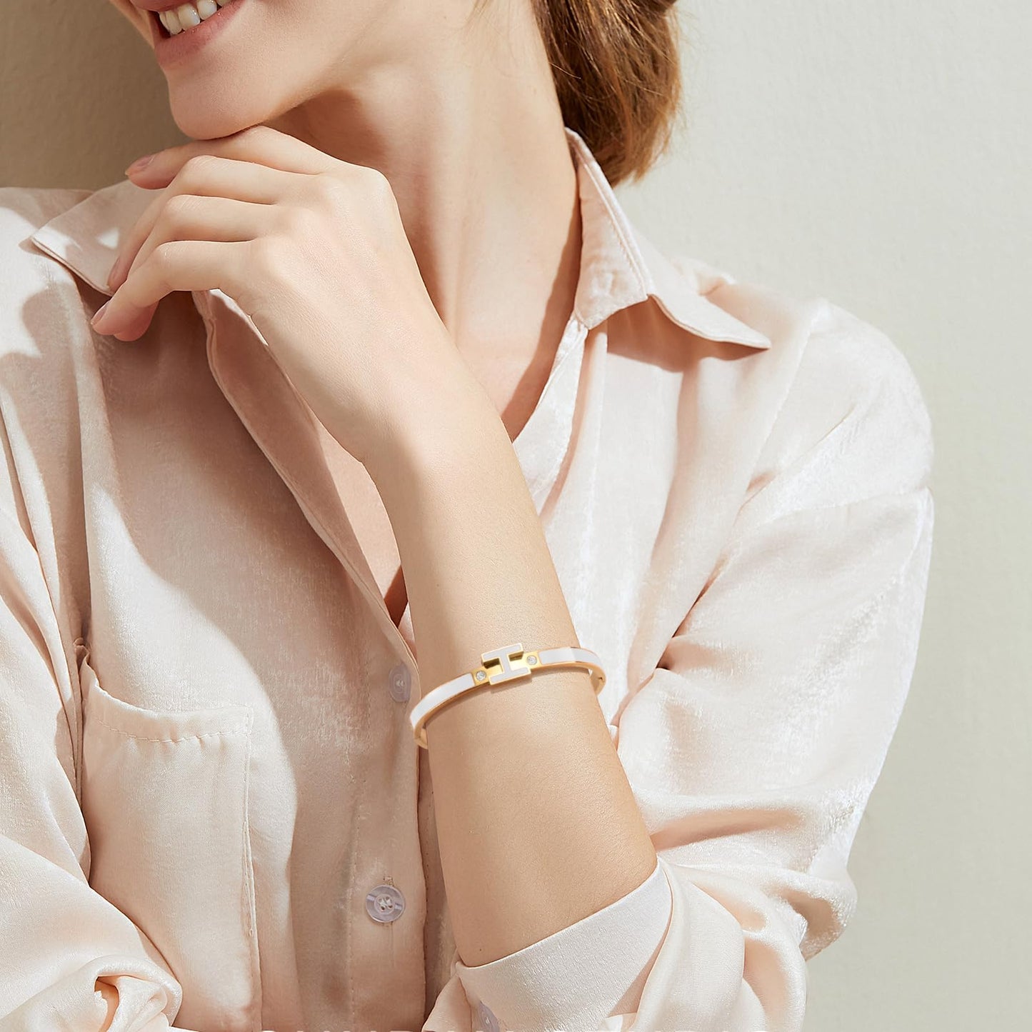 Hothink Gold Bracelets for Women,H Bracelet,Bangle Bracelets for Women,Dainty Bracelet Jewelry Easter Christmas Mothers Day Gifts for Women (White)