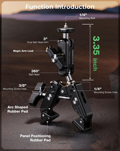Super Clamp Camera Mount, 360° Dual Ballhead Magic Arm, 1/4"-20 & 3/8"-16 Threads, Super Clamp Kit for Phone/LED Lights/DSLR Camera/Gopro/Ronin-M/MOVI/Insta360/Tripod/Desk