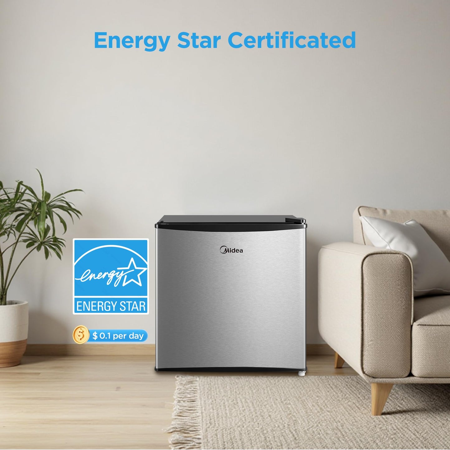 Midea MERM17B0ASL 1.7 Cu Ft Mini Fridge, Compact Refrigerator with Adjustable Thermostat, Reversible Door, Low Noise, Energy Efficient, Ideal for Dorm, Office, Bedroom, Steel Gray