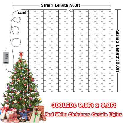 DealBeta Battery Operated Curtain Lights Christmas Red White with Remote 9.8×9.8ft