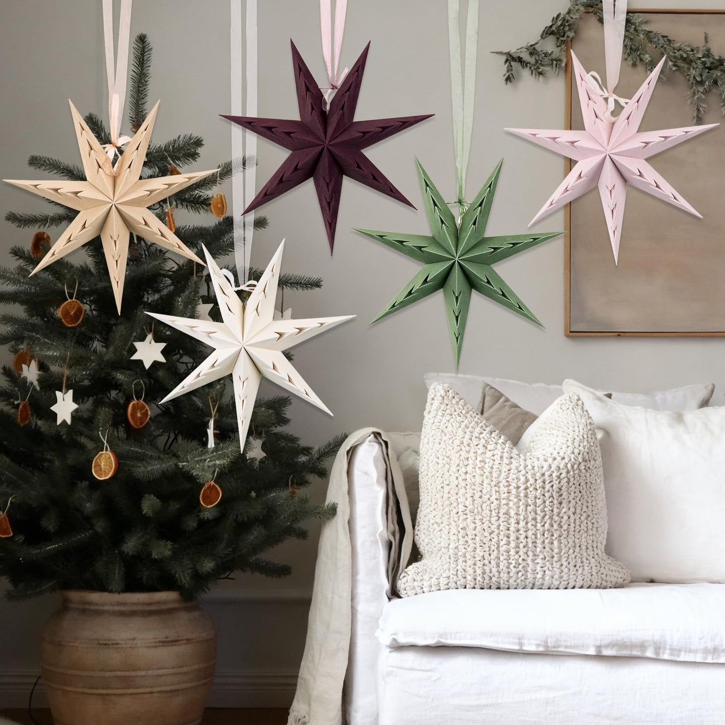 Paper Star Lanterns Hanging Boho Christmas Ornaments 5PCS 12 inch for Xmas Wedding Birthday Christmas Home Party Decorations