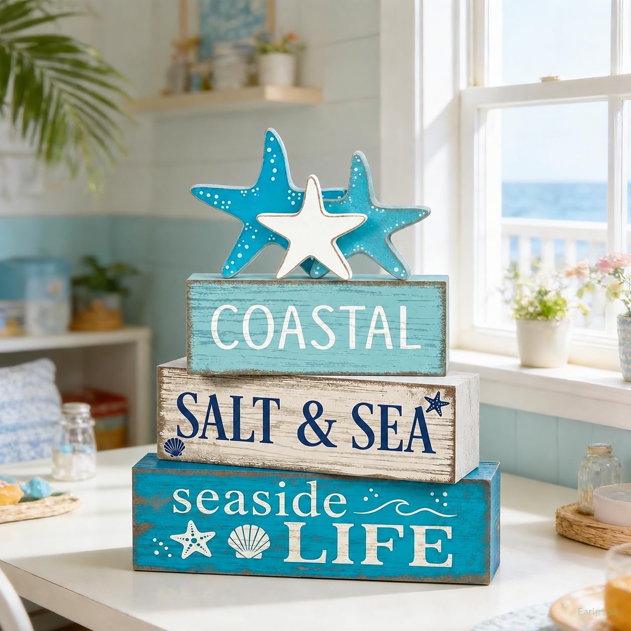 4 Pcs Summer Beach Table Decor Starfish & Seashell Coastal Nautical Wooden Block Signs, Rustic Farmhouse Tiered Tray Decorations for Home Bathroom Office Desk Shelf Mantel