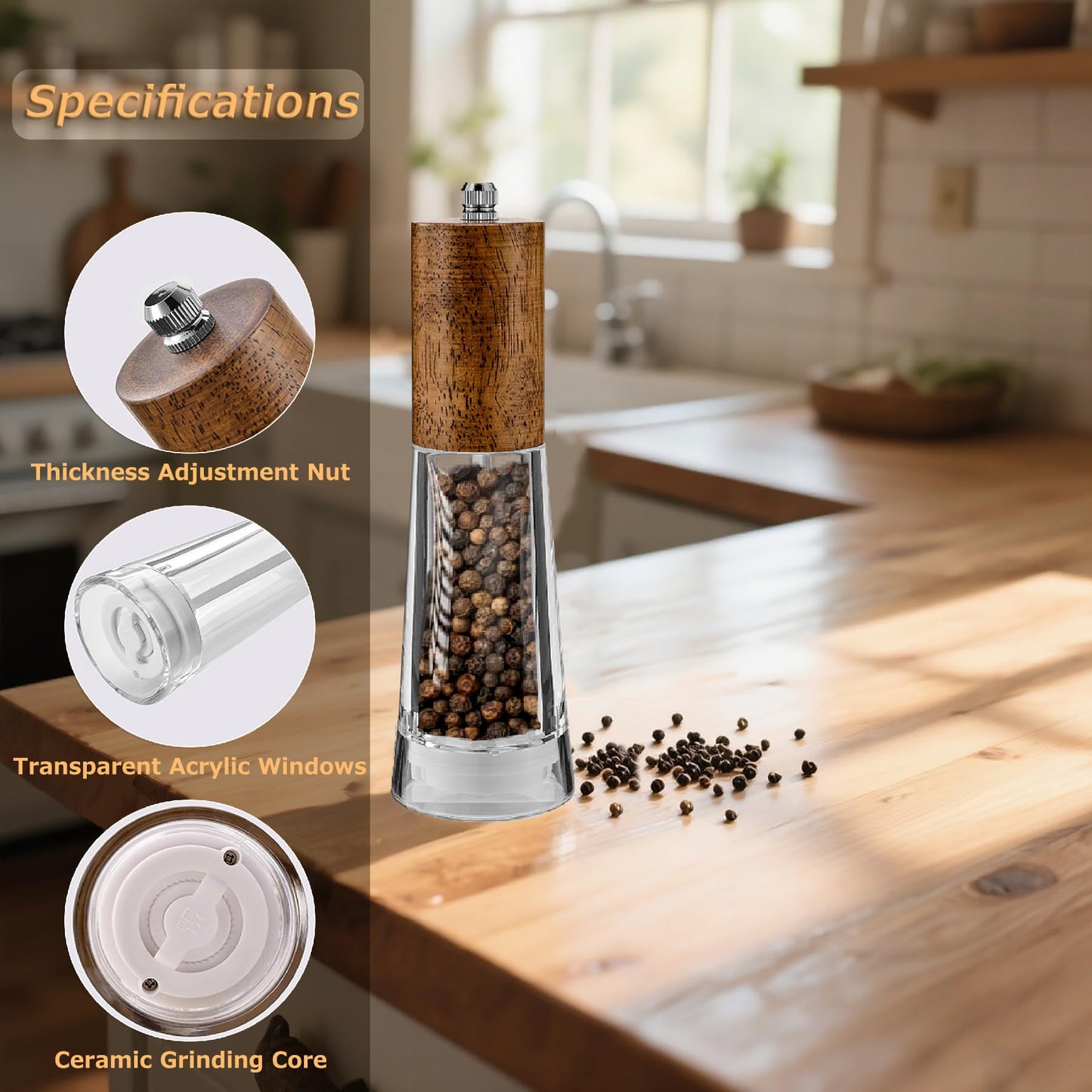 Salt and Pepper Grinder Set, Acrylic Pepper Mill with Adjustable Coarseness Wooden Pepper Grinder, Manual Salt Shake Refillable for Kitchen, Pack of 2 (Light Wood)