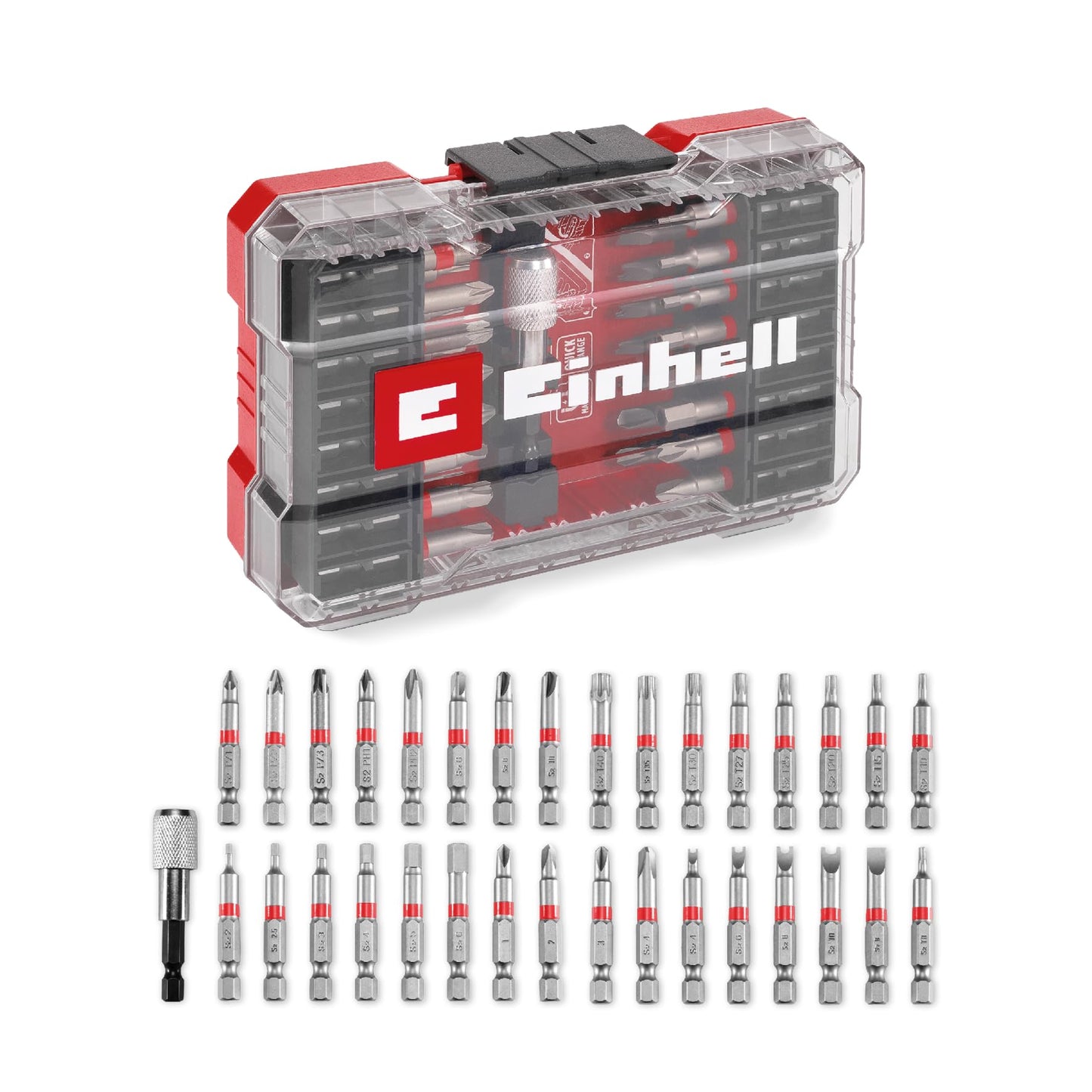 Original Einhell M-CASE 33-piece bit set (for cordless screwdrivers and power drills with 50 mm bits made of S2 steel, quick-change bit holder made of carbon steel incl. storage box)