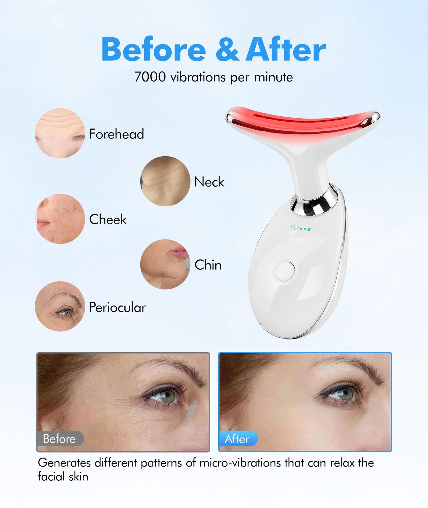 Red-Light-Therapy-for-Face-and-Neck, 7 Color Face Massager Tool for Wrinkles, Double Chin, Vibrating Facial Massager with Thermals for Skin Care, Glossy Pink