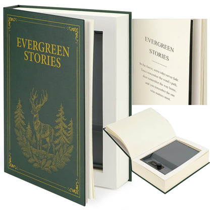Large Decorative Book Safe with Combination Lock, 10.82"×7.67"×1.77" Hidden Storage Diversion Box for Cash, Phone, Passport, Valuables – Home Office Bookshelf, Evergreen Stories