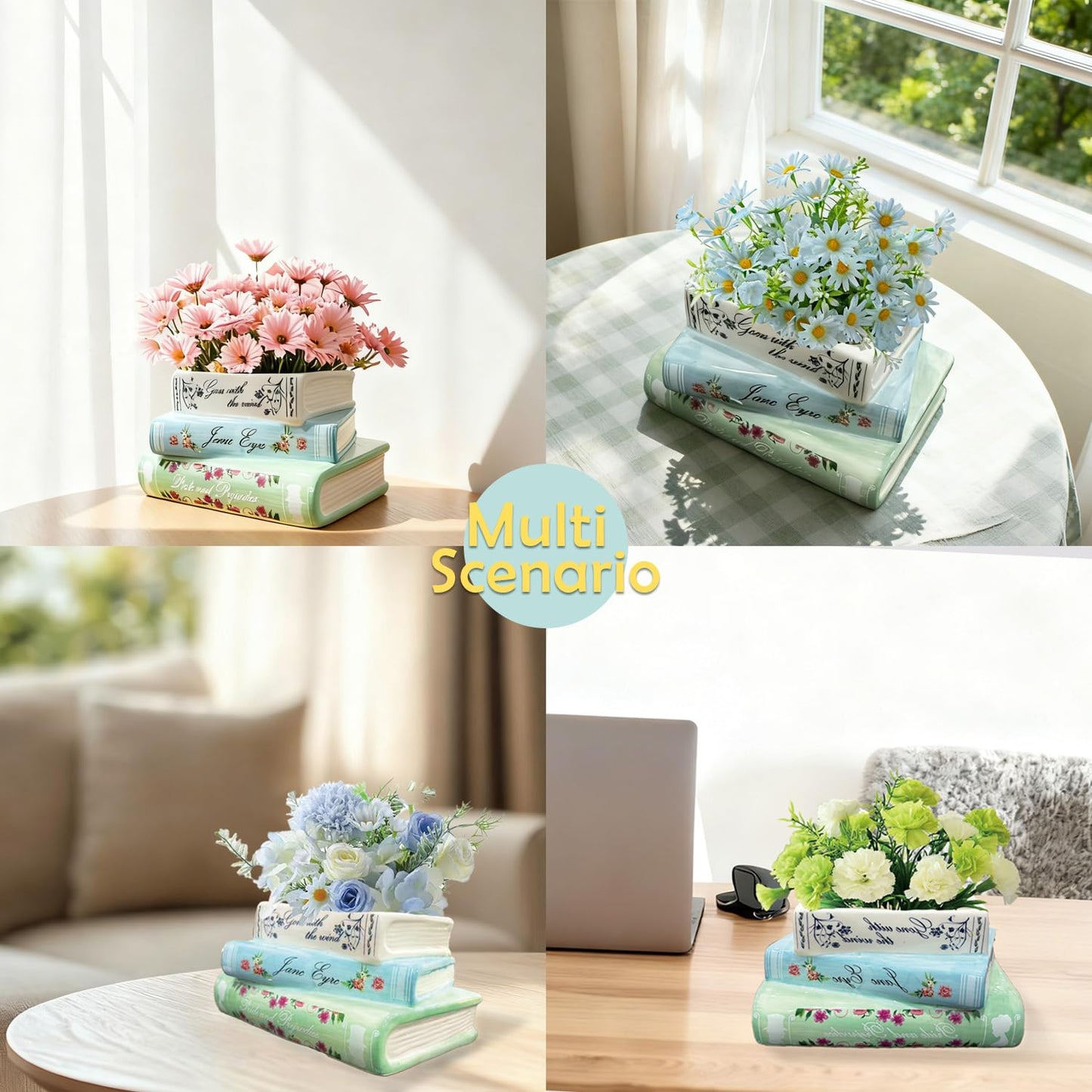 Jxcnkiy Book Planter, Bookshelf Decor Cute Plant Pots, Ceramic Planters with Drainage Hole, Books Shaped Flower Vases for Book Lovers Gifts, for Bedrooms, Living Rooms, Offices, Kitchens