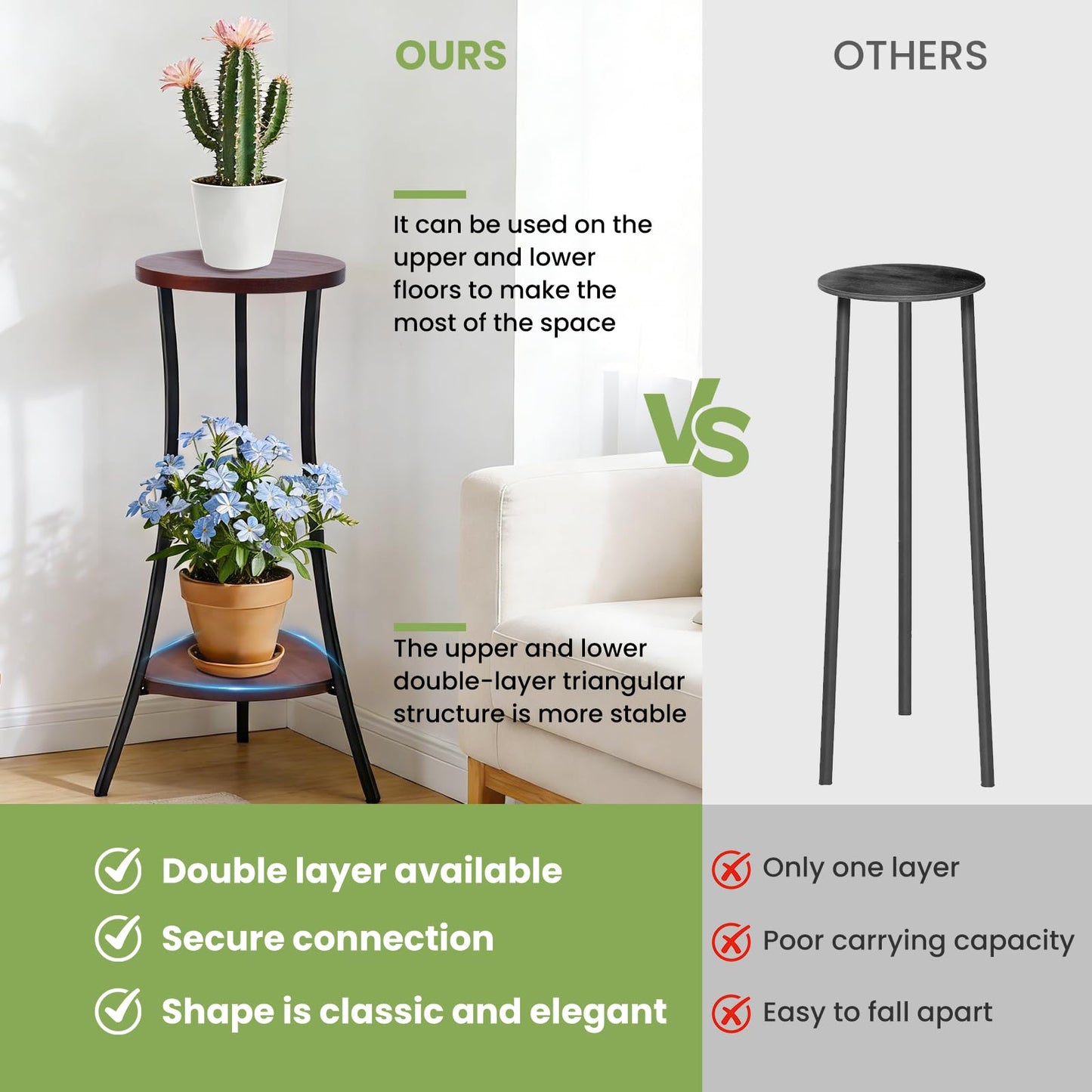 Yedcxup Tall Plant Stand Indoor, 2-Tier Wooden Corner Plant Shelf with Walnut Panel & Black Metal Frame, Easy Assembly No Misalignment, Waterproof for Indoor/Outdoor Use in Living Room, Balcony, Patio