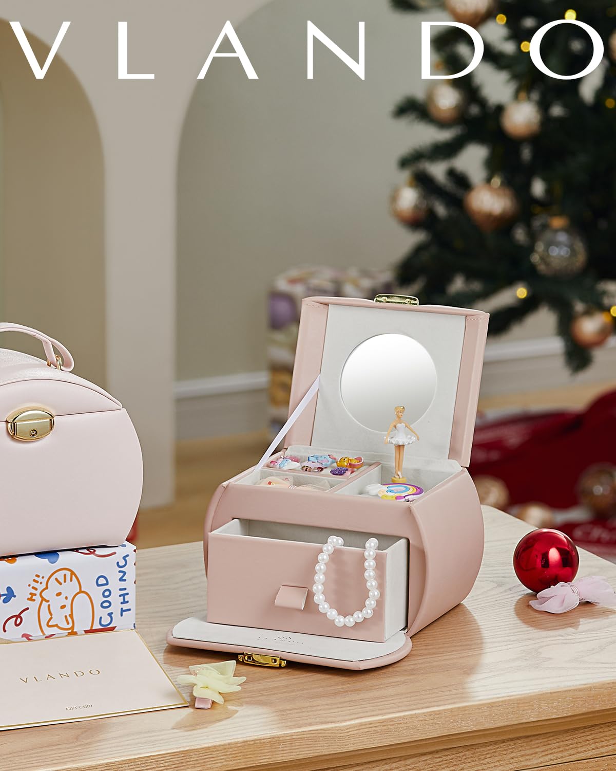 Vlando Girls Jewellery Box with Drawer, Music Box with Ballerina and Stickers for Bedroom Decor, Gifts for Girls Kids, Pink