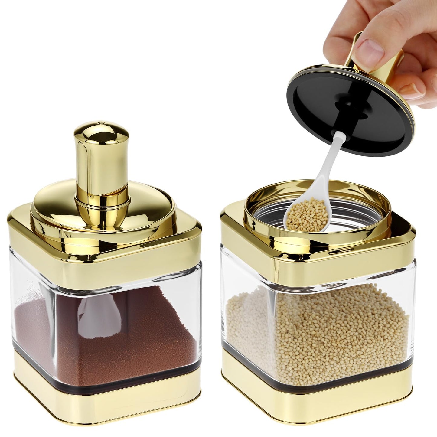 QWORK Glass Condiment Jars with Spoon, 2 Pack 12oz Spice Containers with Gold Lid, Sugar Dispense, Kitchen Containers, Seasoning Box Set for Sugar, Salt, Coffee, Flour & Kitchen Storage