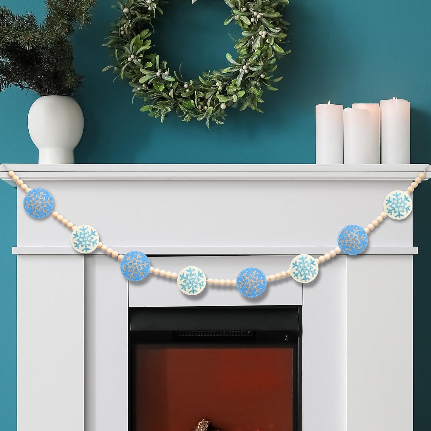 RGISHOP Felt Snowflake & Wood Bead Garland - 6.5FT Christmas Decorations for Home Fireplace Wall Hanging