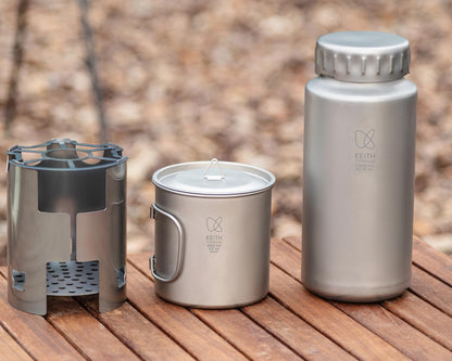 Keith Titanium Ti3070 Nesting Camp Set - Ultralight Plastic-Free Titanium Bottle, Mug & Wood Stove with Canvas Carry Bag - Durable, Portable, and Eco-Friendly for Camping, Hiking & Outdoor Adventures