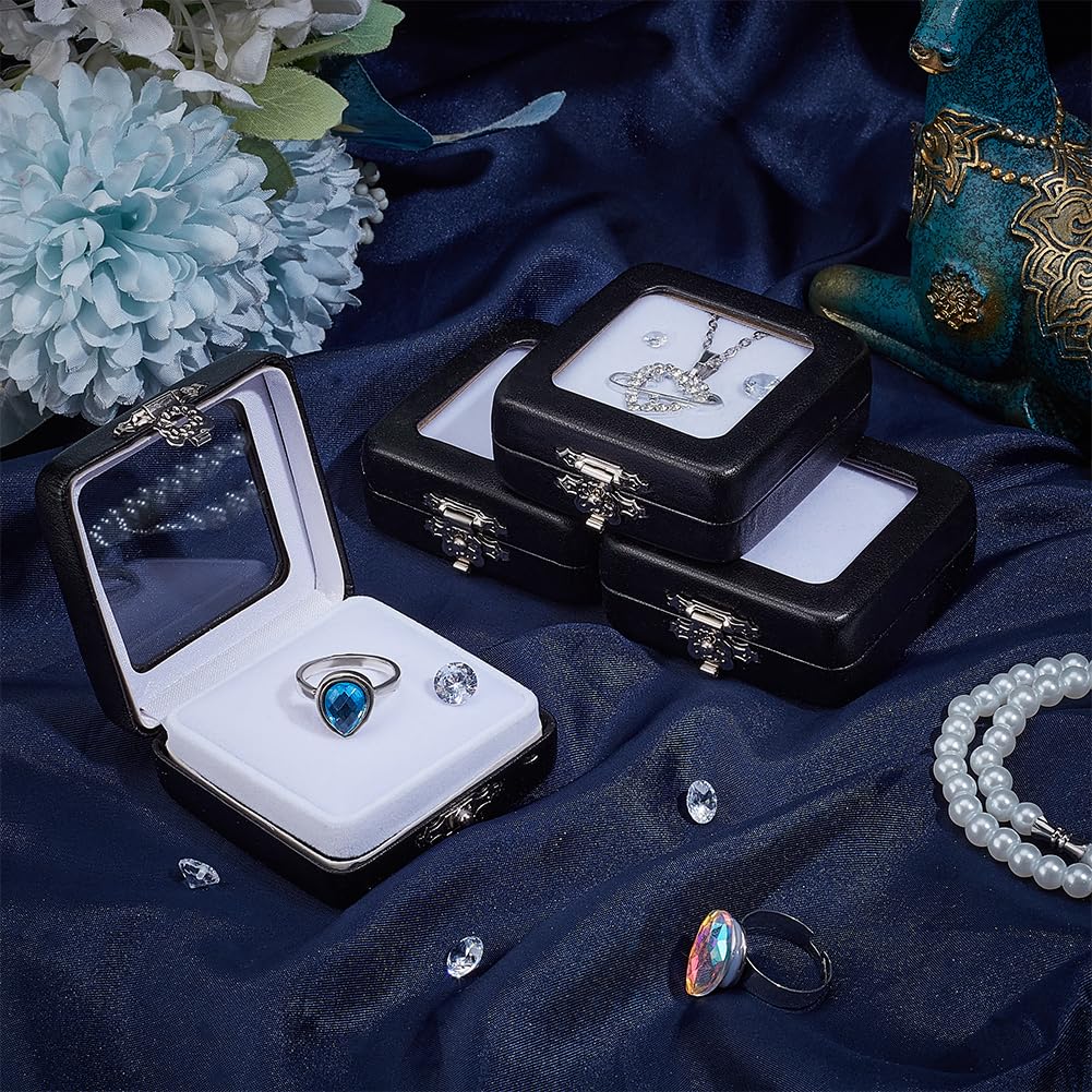 PH PandaHall 4pcs PU Leather Gemstone Display Box, Small Jewelry Containers Black Rectangle Storage Case Rock Collection Box with Visible Window and Sponge for Small Items Gems Diamond Displaying