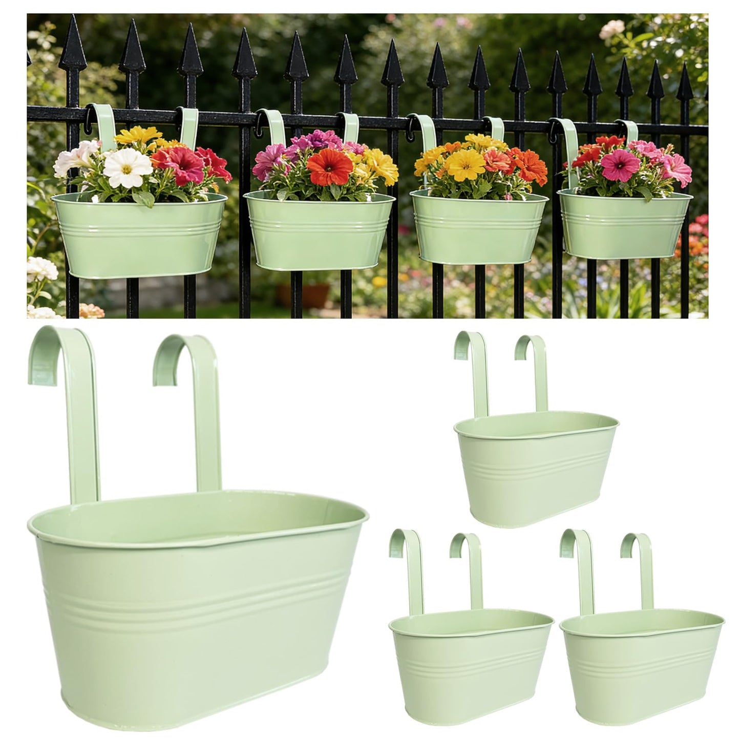 Joyfernal Balcony Hanging Planters Flower Pots, 10" Metal Flower Pots for Outdoor Balcony Rails, Fence Pot Hanging Plant Holders with Detachable Hooks for Garden Patio Yard Decor (Mint Green, 4Pcs)