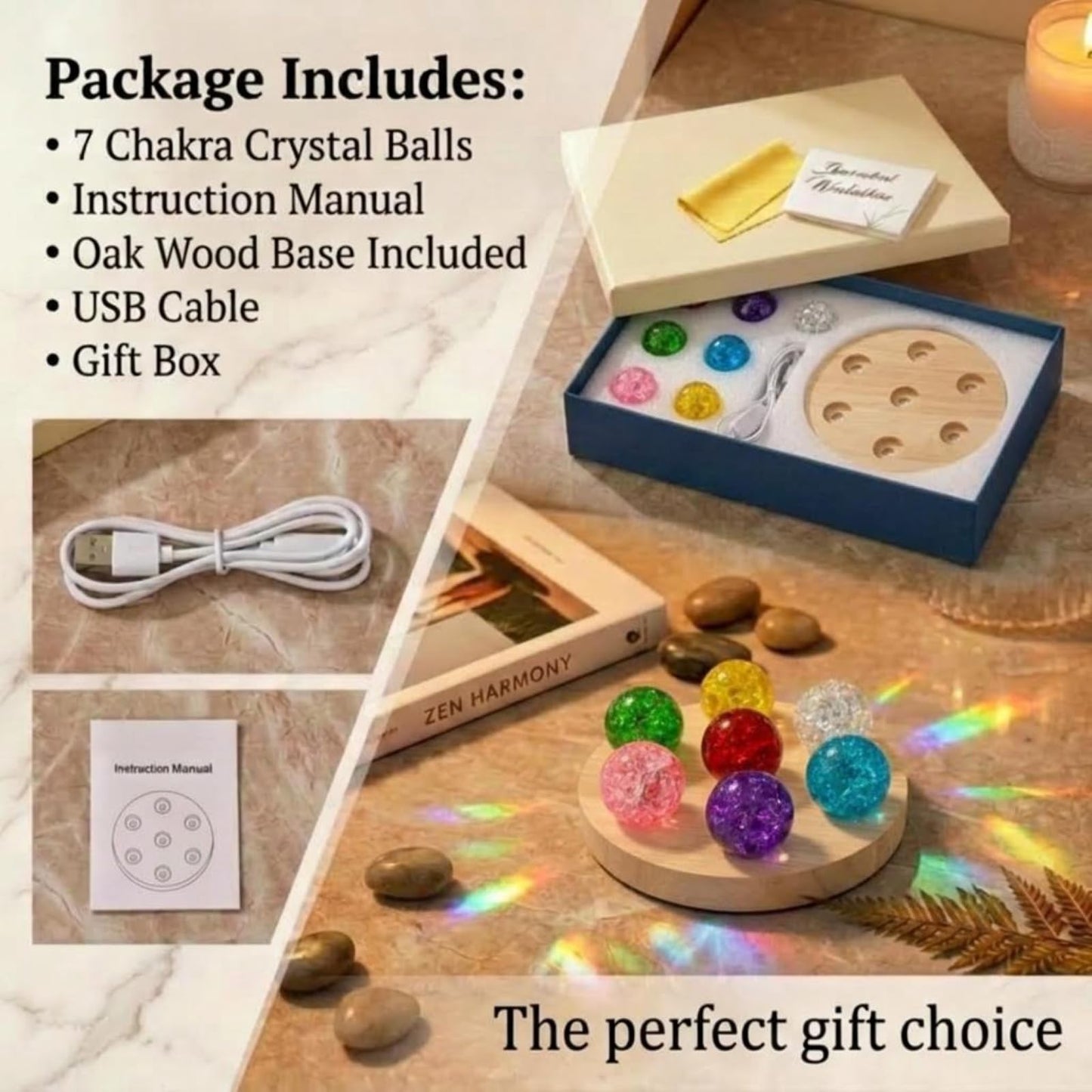 JINWU ClearPeak 7 Colors 40mm Ice Cracked Crystal Balls, Chakra Healing Sphere with LED Wooden Base, Glass Night Light for Home Living Room Meditation, Valentines Day (Set 7-Rainbow-Round)