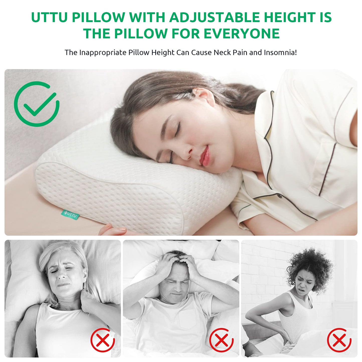 UTTU Cervical Pillow for Neck Strain Relief, Memory Foam Neck Pillow for Sleeping, Adjustable Orthopedic Sandwich Pillow, Contour Cooling for Side Back Stomach Sleeper, Medium(23.6"×14"×5.2"/4.5")