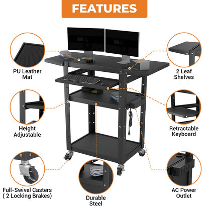 Mobile AV Cart with Pullout Keyboard Tray, Rolling Computer Cart Height Adjustable Rolling Media Utility Cart with 4 Wheels, 4 Outlets, Perfect for Home or Office Us