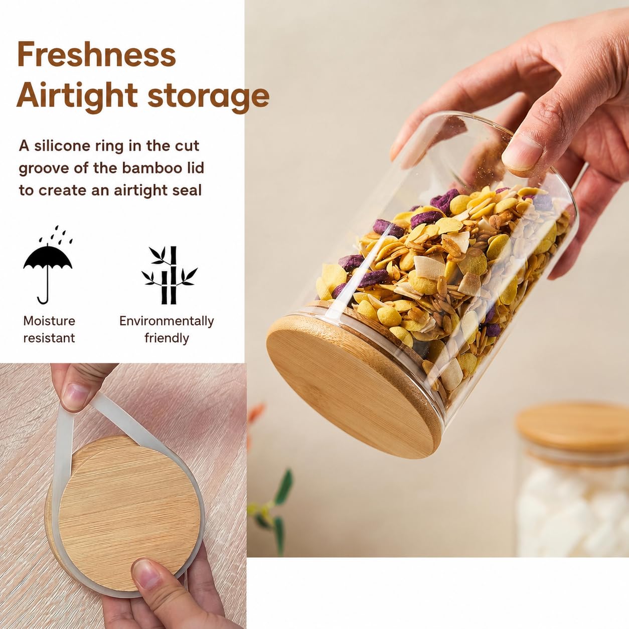 KOIKEY Coffee Sugar Container Salts Jars - 15oz Glass Airtight Caning with Bamboo Lids and Spoons Scoop, Storage Overnight Oats, Spice, Creamer, Food Organizer, Set of 3