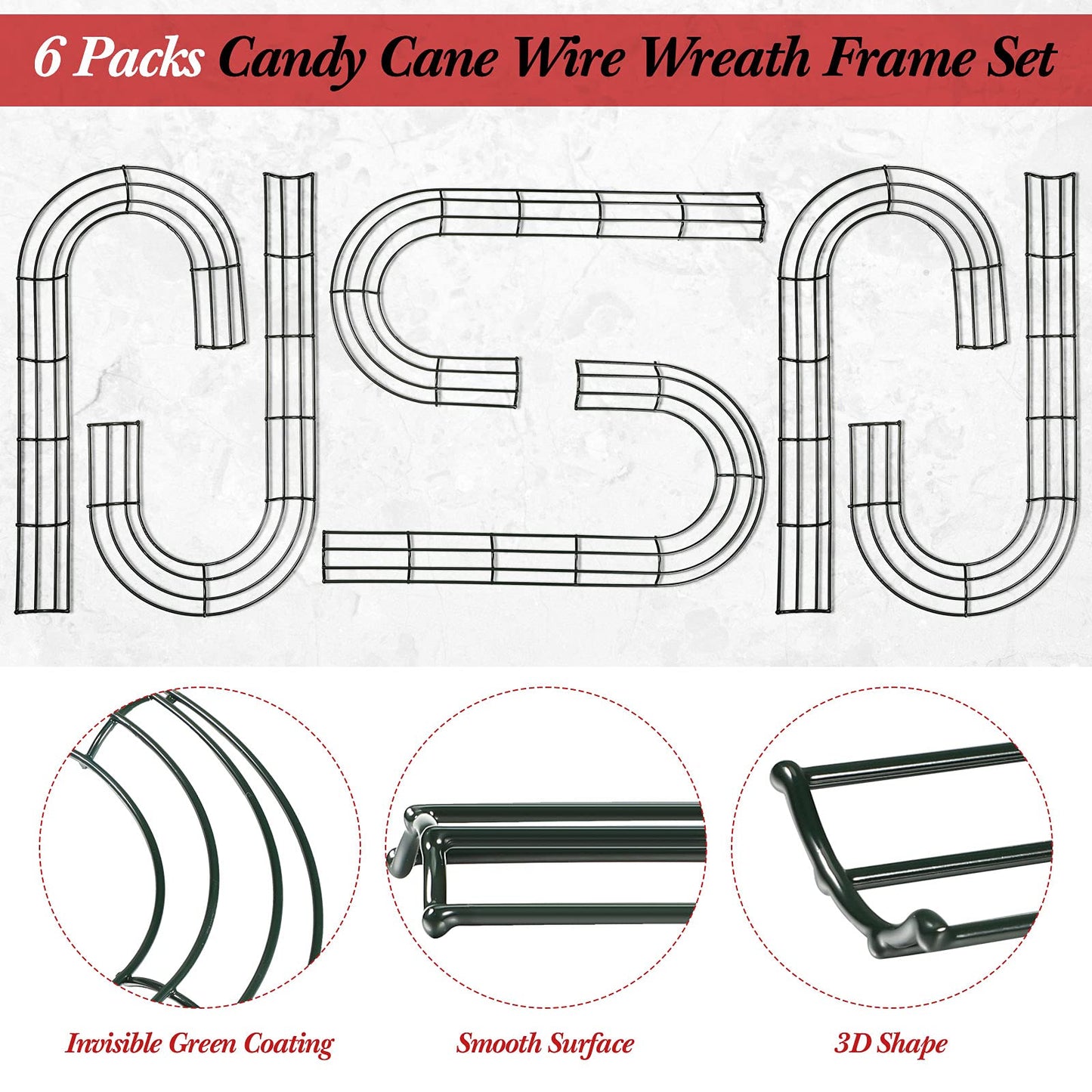 6 Pieces Christmas Candy Cane Shaped Wire Wreath Frame Holiday Metal Wire Flower Wreath J Letter Rings for DIY Christmas New Year Valentines Party Decoration (16 Inches)