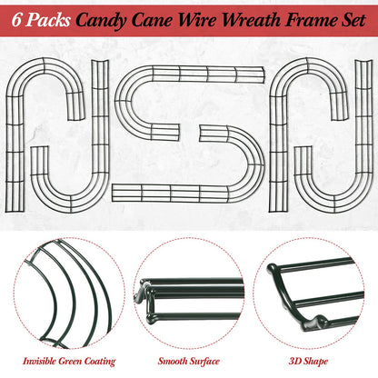 6 Pieces Christmas Candy Cane Shaped Wire Wreath Frame Holiday Metal Wire Flower Wreath J Letter Rings for DIY Christmas New Year Valentines Party Decoration (12 Inches)