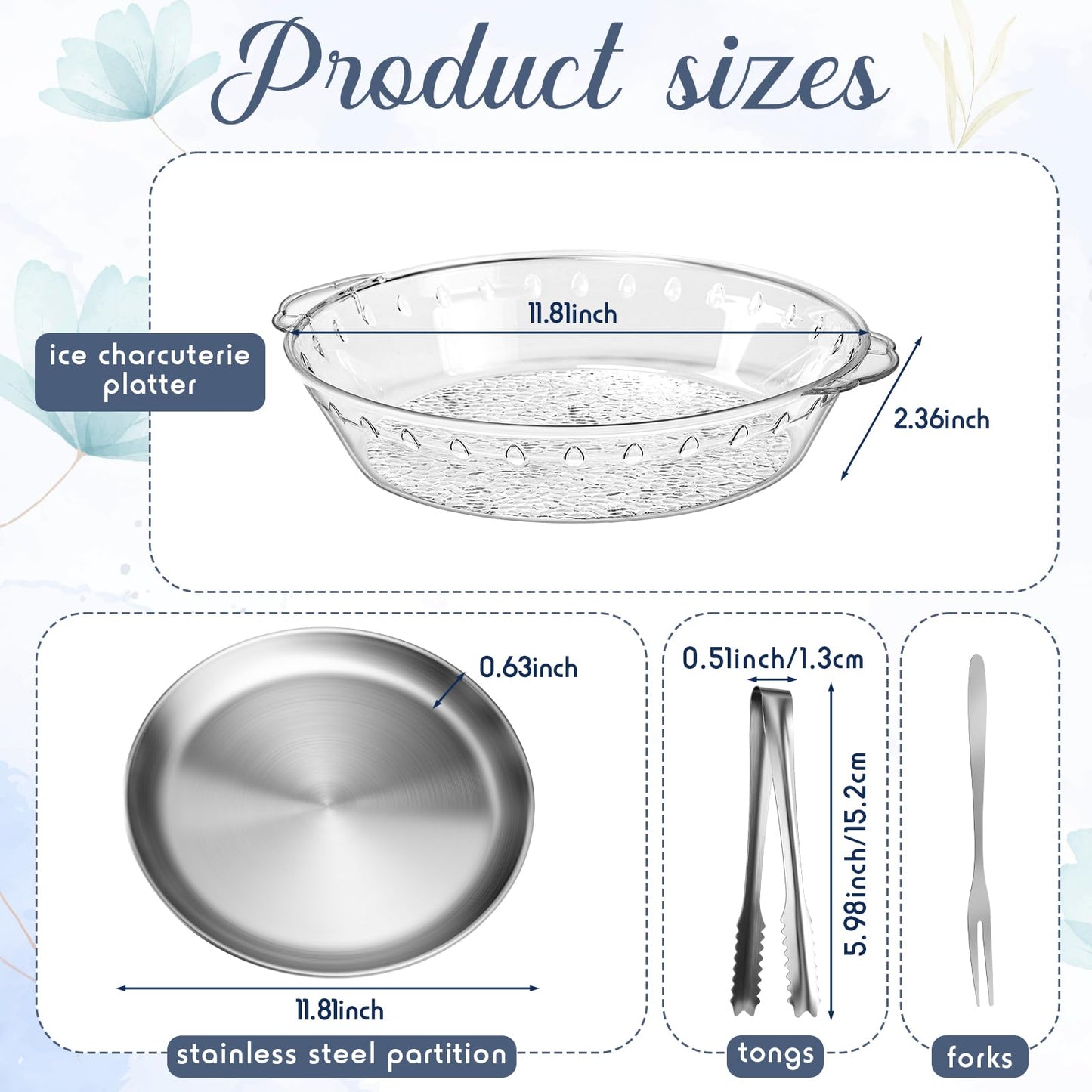 Baderke 4 Sets 11.8" Chilled Serving Tray for Parties Round Iced Platter with Ice Underneath Stainless Steel Clip Fruit Fork Shrimp Cocktail Serving Dish for Oysters Crawfish Fruits (Original)