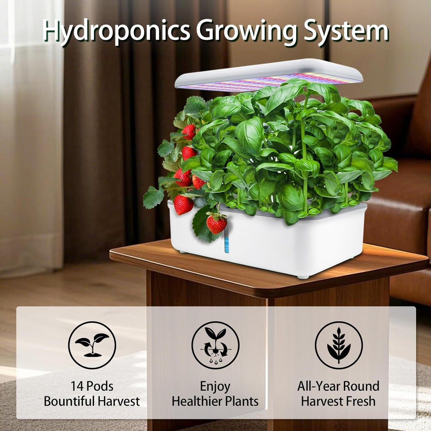 Hydroponics Growing System Indoor Garden, Indoor Gardening System with 14 Pods, WiFi Indoor Herb Garden, Herb Garden Kit with LED Grow Light, Adjustable Height Up to 16.5", Auto Pump, 5L Water Tank