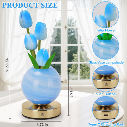 Strackvial Tulip Table Lamp, Rechargeable Cordless Touch Dimming Artificial Tulip Flower Desk Lamp, LED Flower Bedside Night Light Romantic Gifts for Girl Women Mom (Blue)