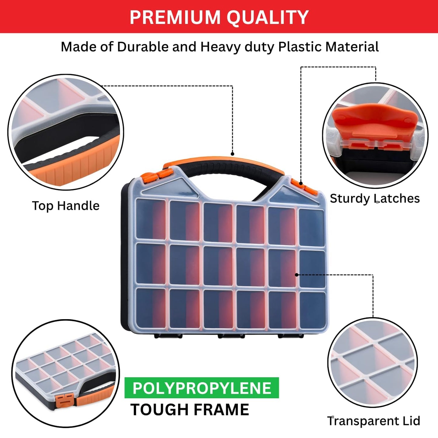 Andalus Tools Organizer Box, Small Parts Storage 18-Compartment Portable Hardware Organizer Removable Plastic Dividers for Screws, Nuts, Bolts, Nails – Orange (2 Pack, 12.75" x 10" x 1.75")