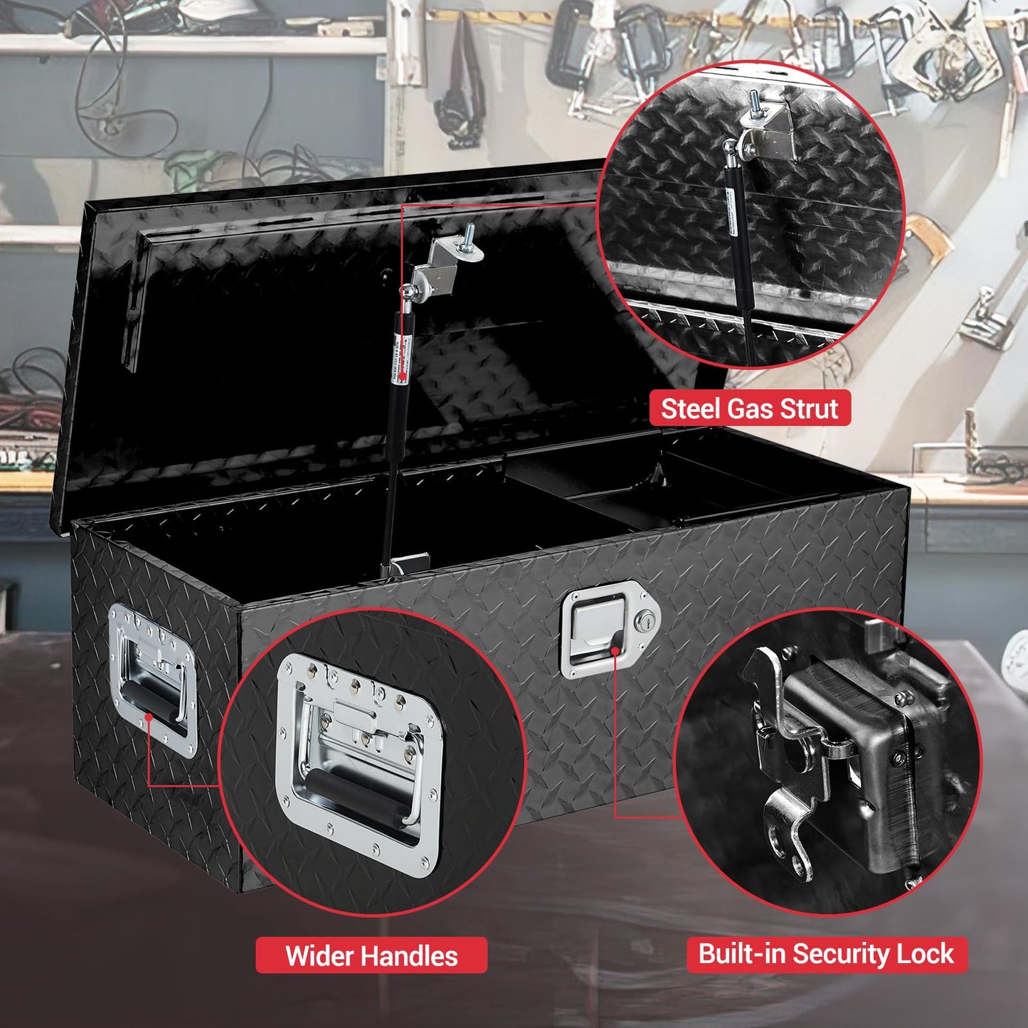 SierraSquad Heavy Duty Aluminum Truck Bed Storage Box, Lockable Waterproof Diamond Plate Chest with Sliding Shelf, Side Handles, Fits Pickup RV Trailer, Secure Organizer Toolbox, 30”