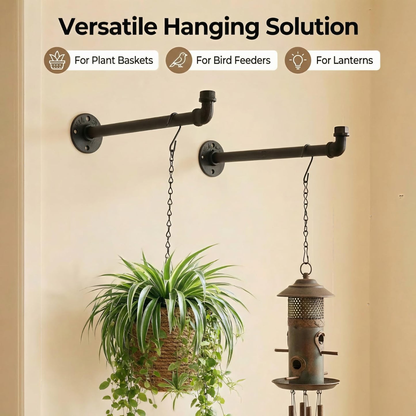 ZYUXUAN 2 Pack Black Metal Pipe Plant Hanger Indoor with Hanging Chains, Industrial Window and Wall Mounted Hanging Rod Planter for Plants, Pot/Plant Not Included