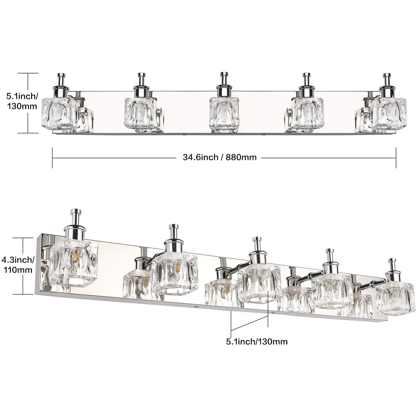 PRESDE Crystal Bathroom Vanity Light Fixtures 5 Light Bathroom Light Fixtures Over Mirror Modern LED Chrome Bath Lighting