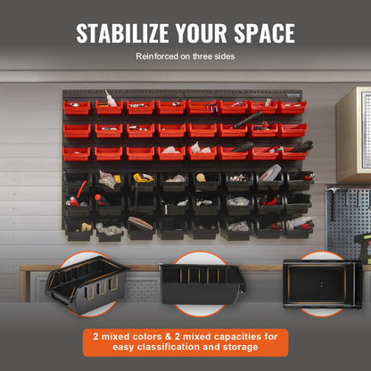 VEVOR 48-Bin Wall Mounted Storage Bins Parts Rack Organizer Garage Shop Tool Organizer for Screws, Nuts, Bolts, Nails, Beads, and Small Hardware Parts, With Wall Panels