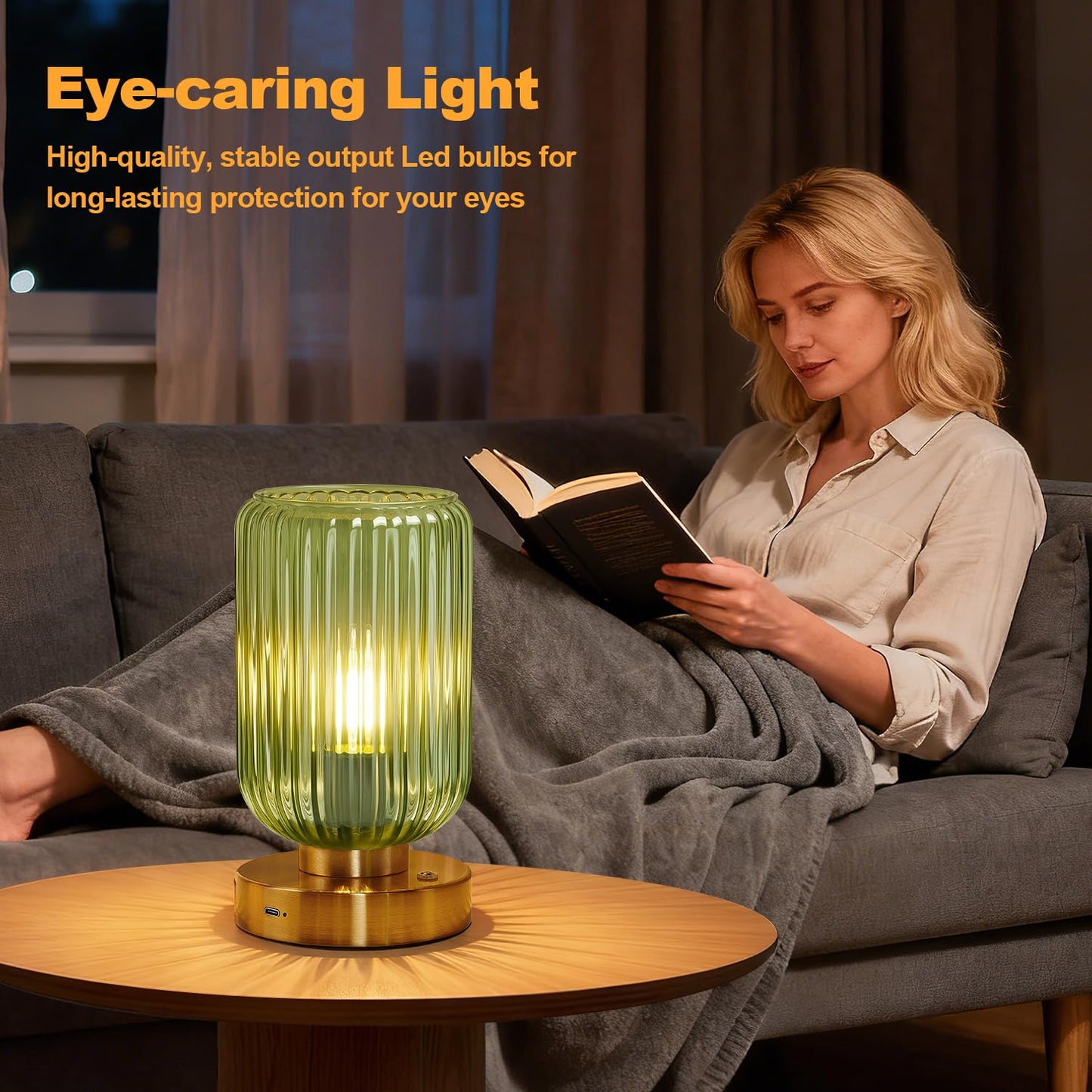LightRound Cordless Table Lamp for Bedroom, 7500mAh Rechargeable Battery Operated Lamp, Modern Touch Dimmable Wireless Lamp Gold Base Green Glass Shade for Living Room, Desk, Led Bulb Included