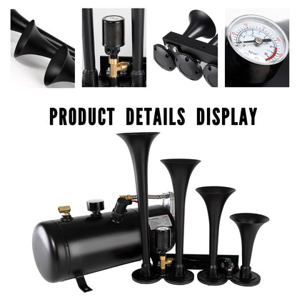 AOLIHAN Super Loud Train Horns Kit,180dB Four Trumpet Truck Horns with 150 PSI Air Tank,12V Air horn with 0.8 gallon Air Compressor Can for Truck, Jeep,Pickup,SUV (Black truck parallel horn kit)