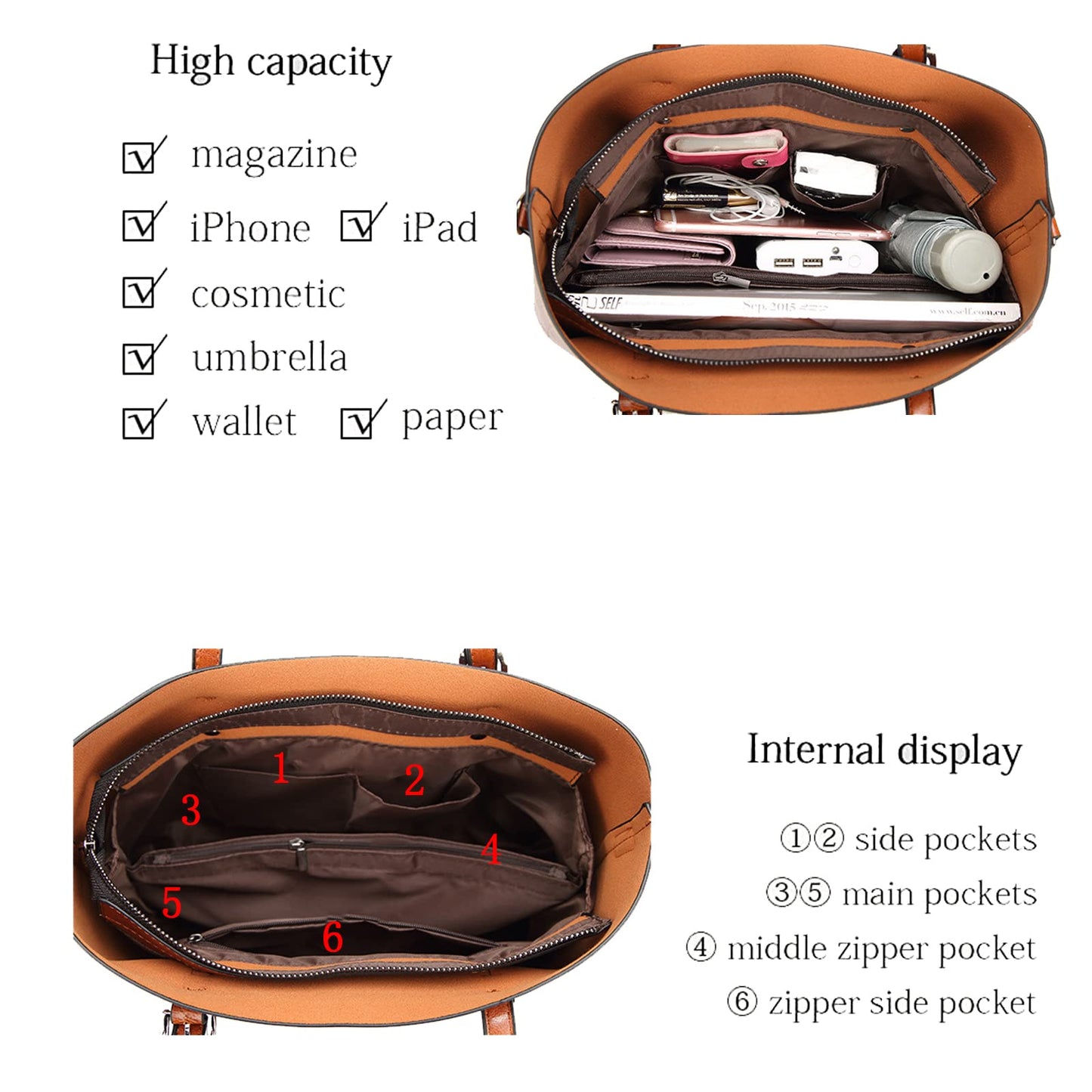 Aileese Womens Handbags Soft Leather Large Capacity Retro Vintage Top-Handle Casual Pocket Tote Shoulder Cross-Body Bags Brown