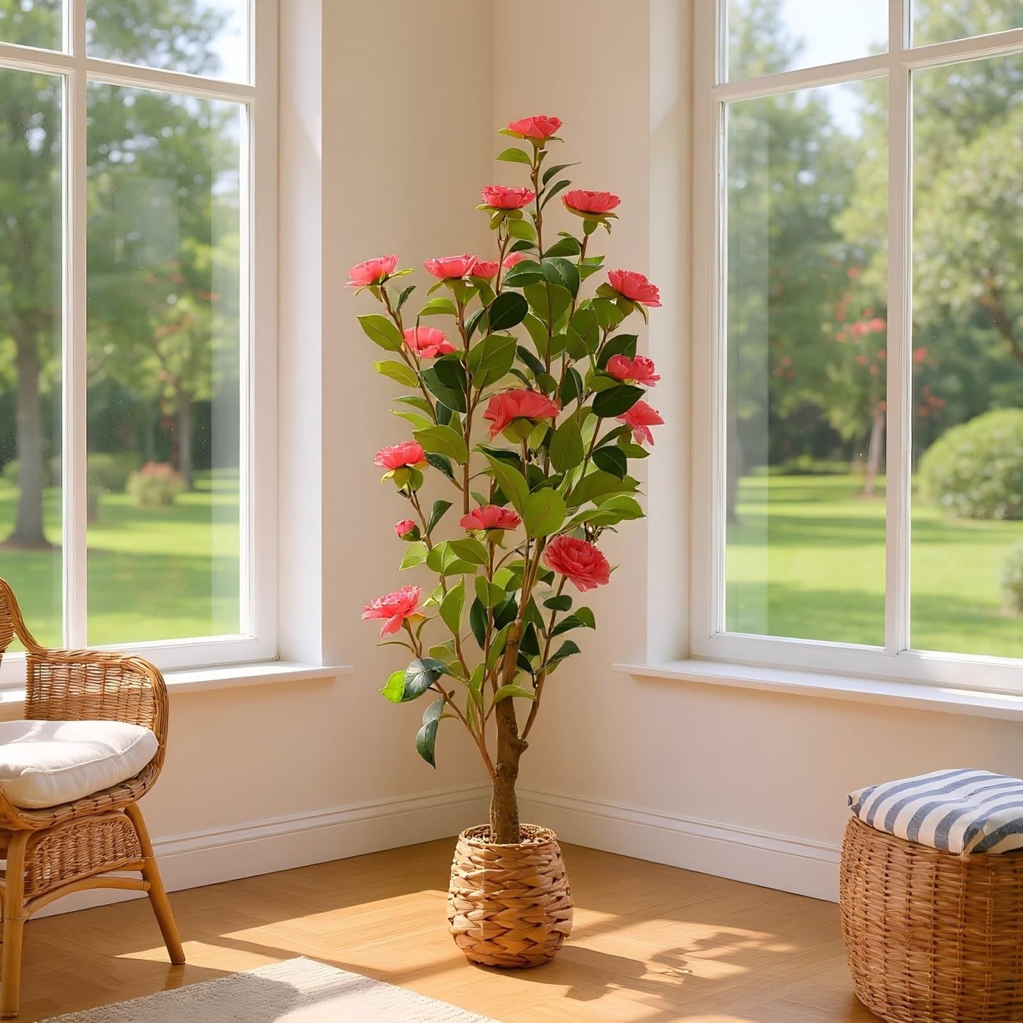 CZWBE 45" H Artificial Camellia Tree 2 Pack - Woven Planter with 28 Flowers,Faux Plant for Office Decor & Indoor Outdoor Home Wedding Decor（red）