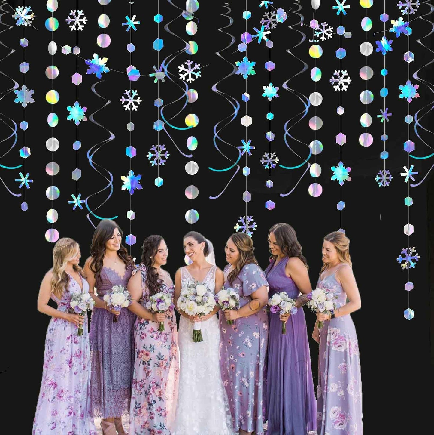 Winter Wonderland Party Decoration Iridescent Snowflake Circle Dots Garland Iridescent White Hanging Swirls Holographic Paper Set for Onederland Christmas Frozen Birthday Wedding Bridal Party Supplies