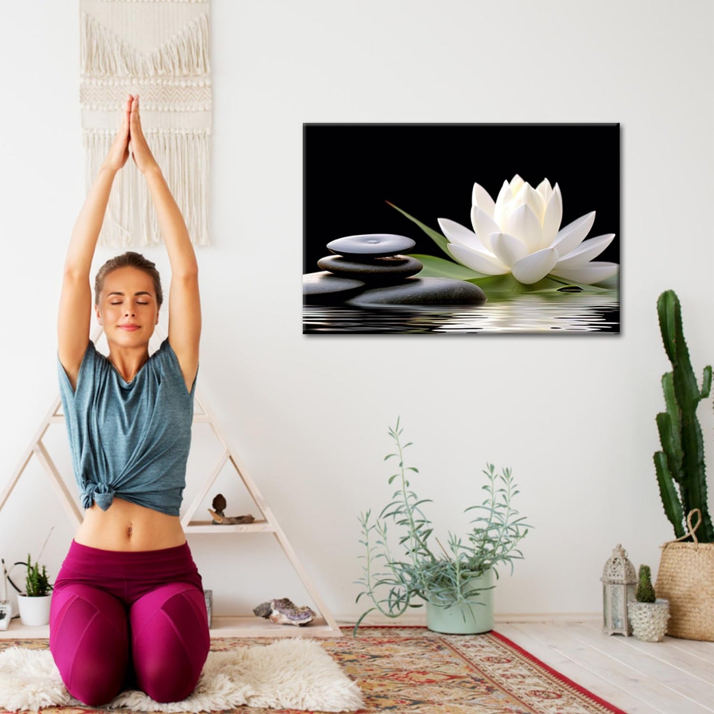 GLOKAKA Zen Wall Art,White Lotus Bloom in Water with Spa Stone,Black and White Bathroom Canvas Wall Art,Zen Spiritual Decor for Yoga Meditation Room Living Room,Office
