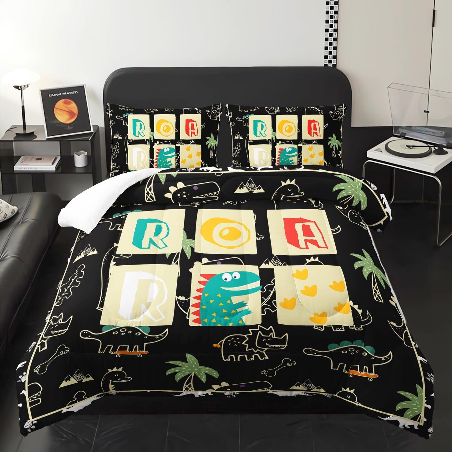 lneffble Kids Dinosaur Comforter Set Full Size for Boys，Black Full Size Dinosaur Bedding Sets for Boys with 1 Comforter with 2 Pillow Case