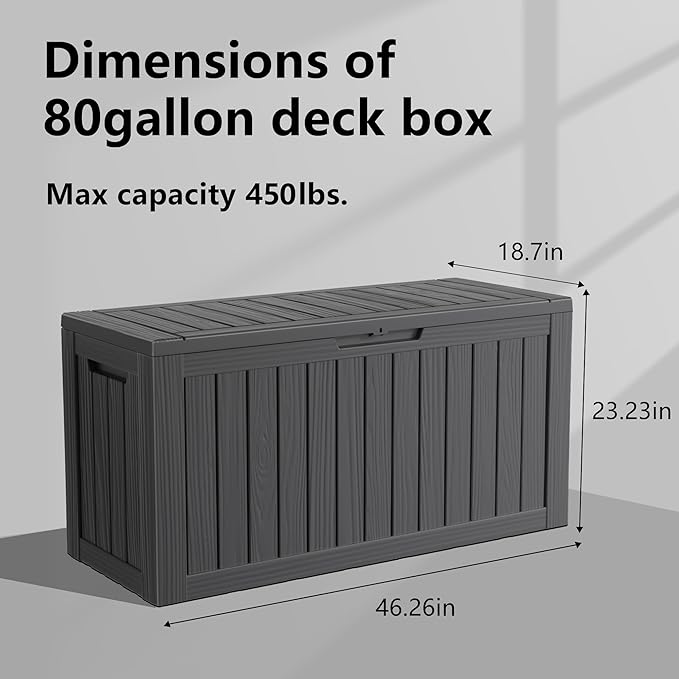 80 Gallon Outdoor Deck Box, Lockable Waterproof Outdoor Storage Boxes For Garden Tools,Indoor Cushions,Accessories Outside Storage Resin Weatherproof Container(Black)
