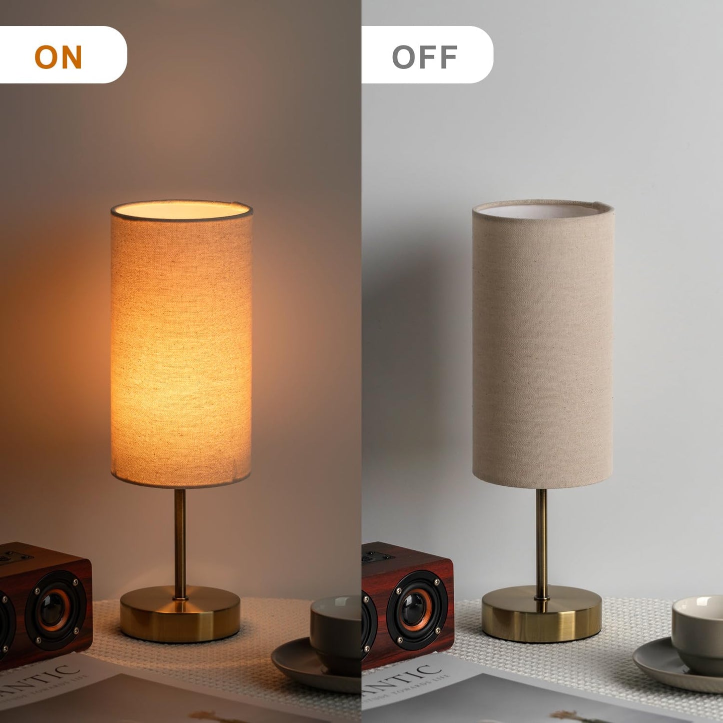 Small Side Table Lamp for Bedroom Night Stands, Round Linen Shade and Antique Brass Metal Base, Retro Minimalist Bedside Lamps for Dresser, Desk, Office, College Dorm, Warm Light, 5W LED Bulb Included